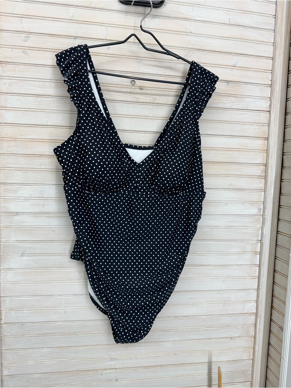 NWT Shade & Shore Black One-Piece Swimsuit with White Polka Dots & Ruffle